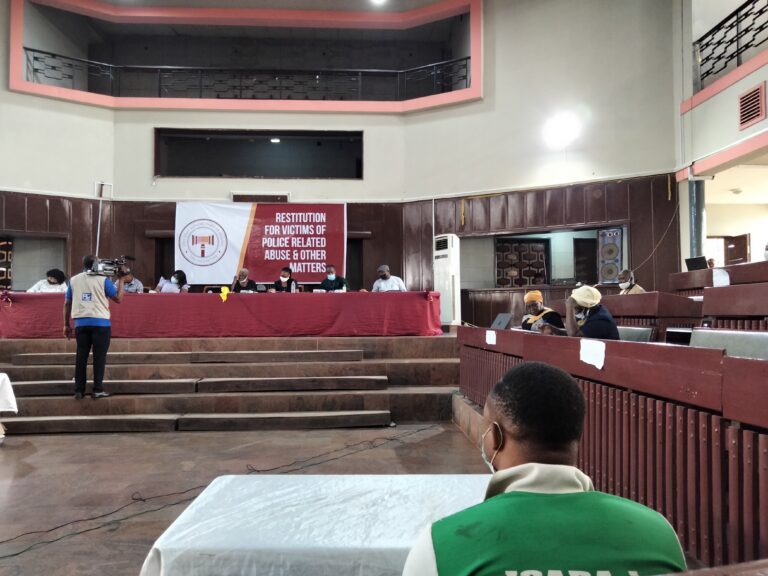 Picture of a petitioner testifying at the Oyo State Judicial Panel of Inquiry hearing on March 18, 2021