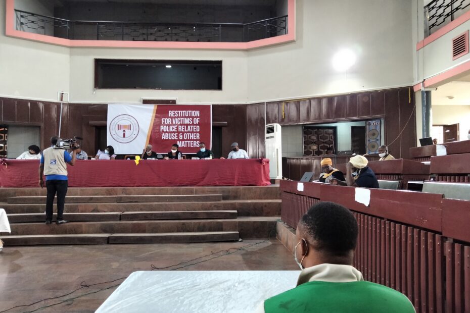 Picture of a petitioner testifying at the Oyo State Judicial Panel of Inquiry hearing on March 18, 2021