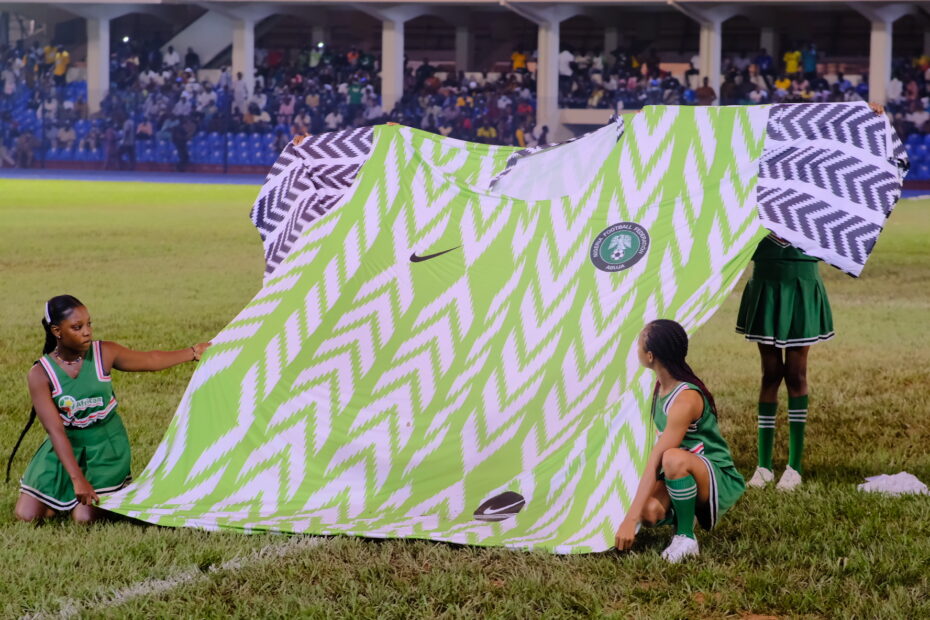 Life-size Super Eagles jersey at the commissioning of the Lekean Salami Sports Complex, Adamasingba