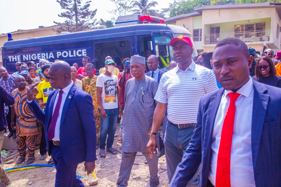Governor Seyi Makinde and Oyo State Government officials visiting the site of the Bodija Explosion on 17 January 2024