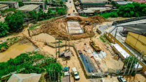Picture of the ongoing IUFMP reconstruction of the bridge at Zartech-7UP Road, Oluyole taken on 2 April 2024