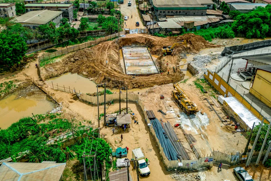 Picture of the ongoing IUFMP reconstruction of the bridge at Zartech-7UP Road, Oluyole taken on 2 April 2024
